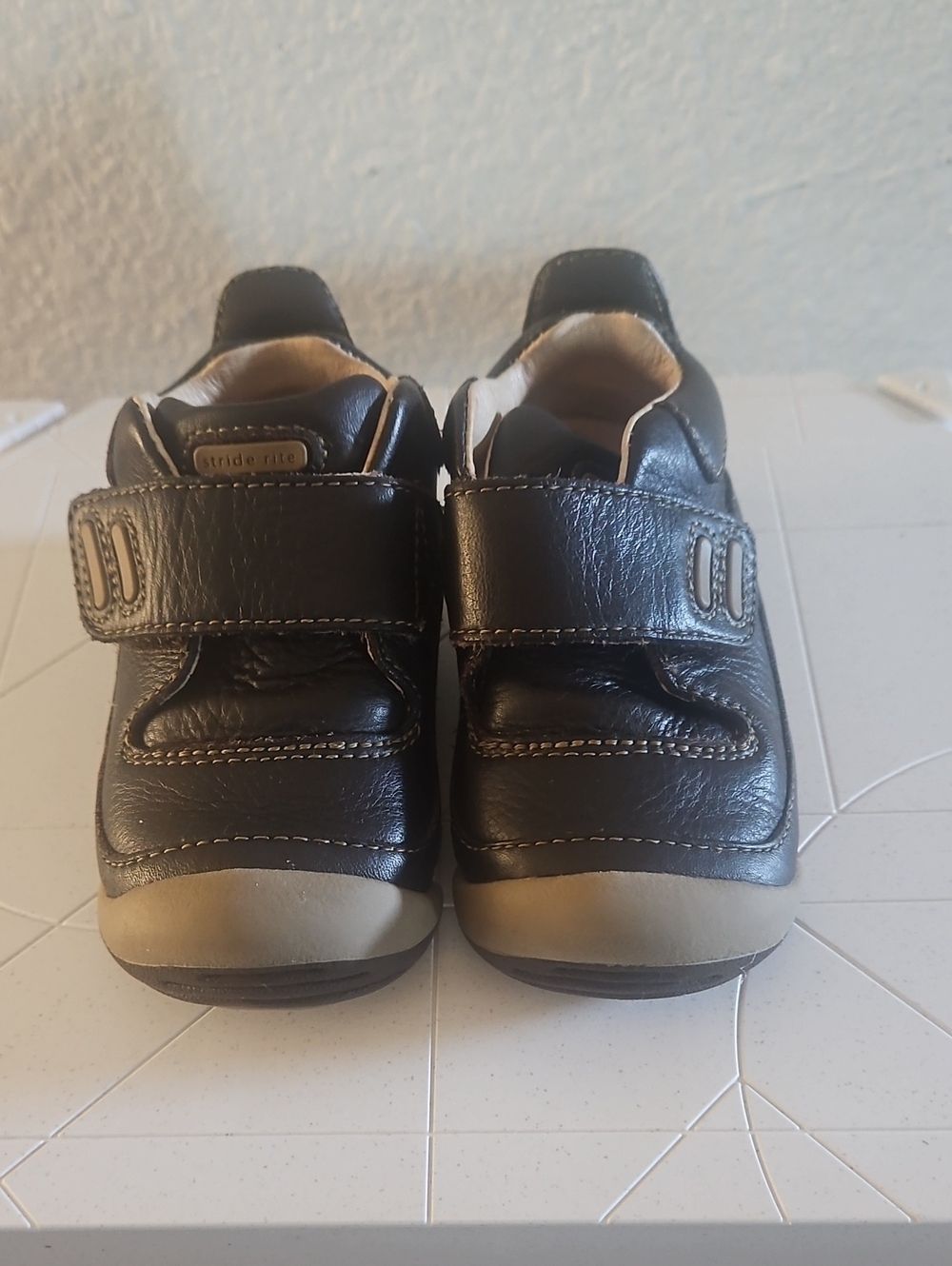 Stride Rite Toddler Dark Brown Leather Hook-and-Loop Shoes with Tan Toe